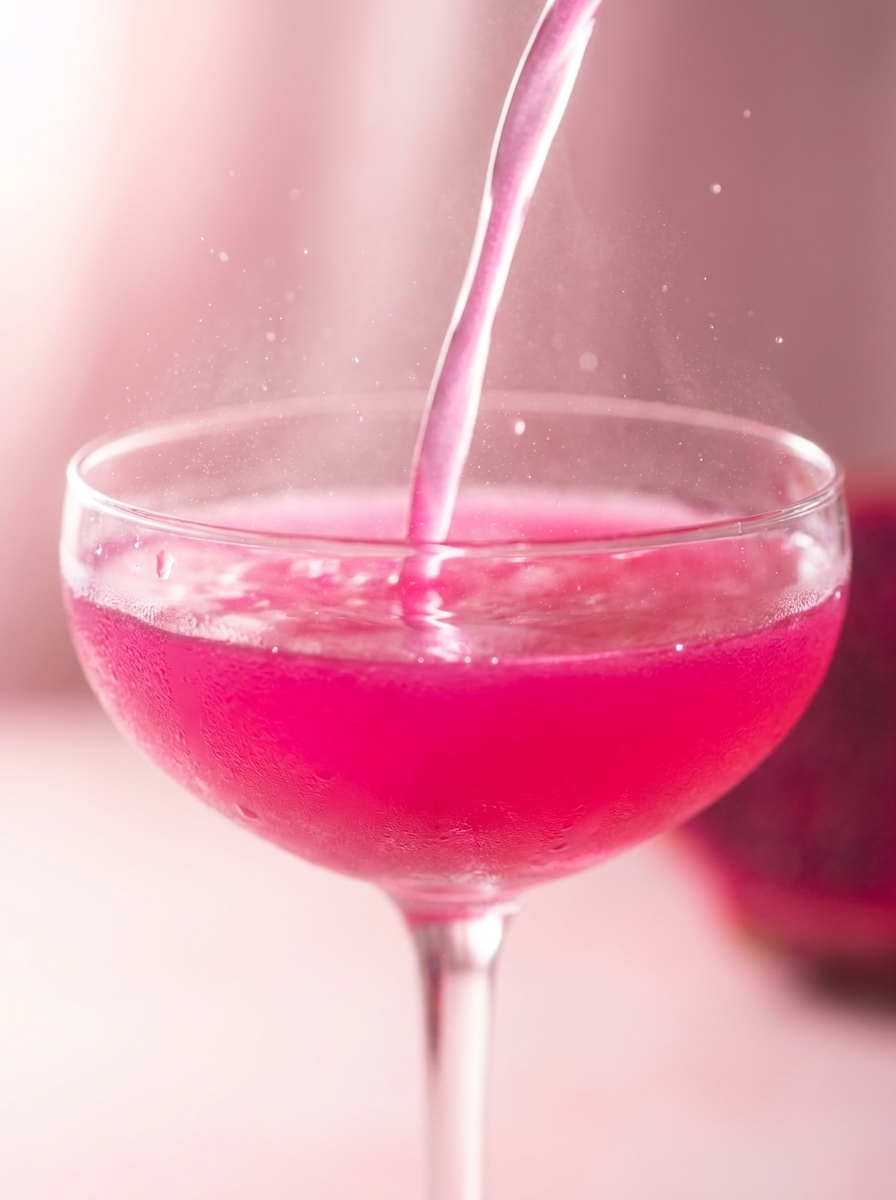 Pick Me Up Dragon Fruit Rose beauty water poured into a coupe glass, dreamy pink editorial shot