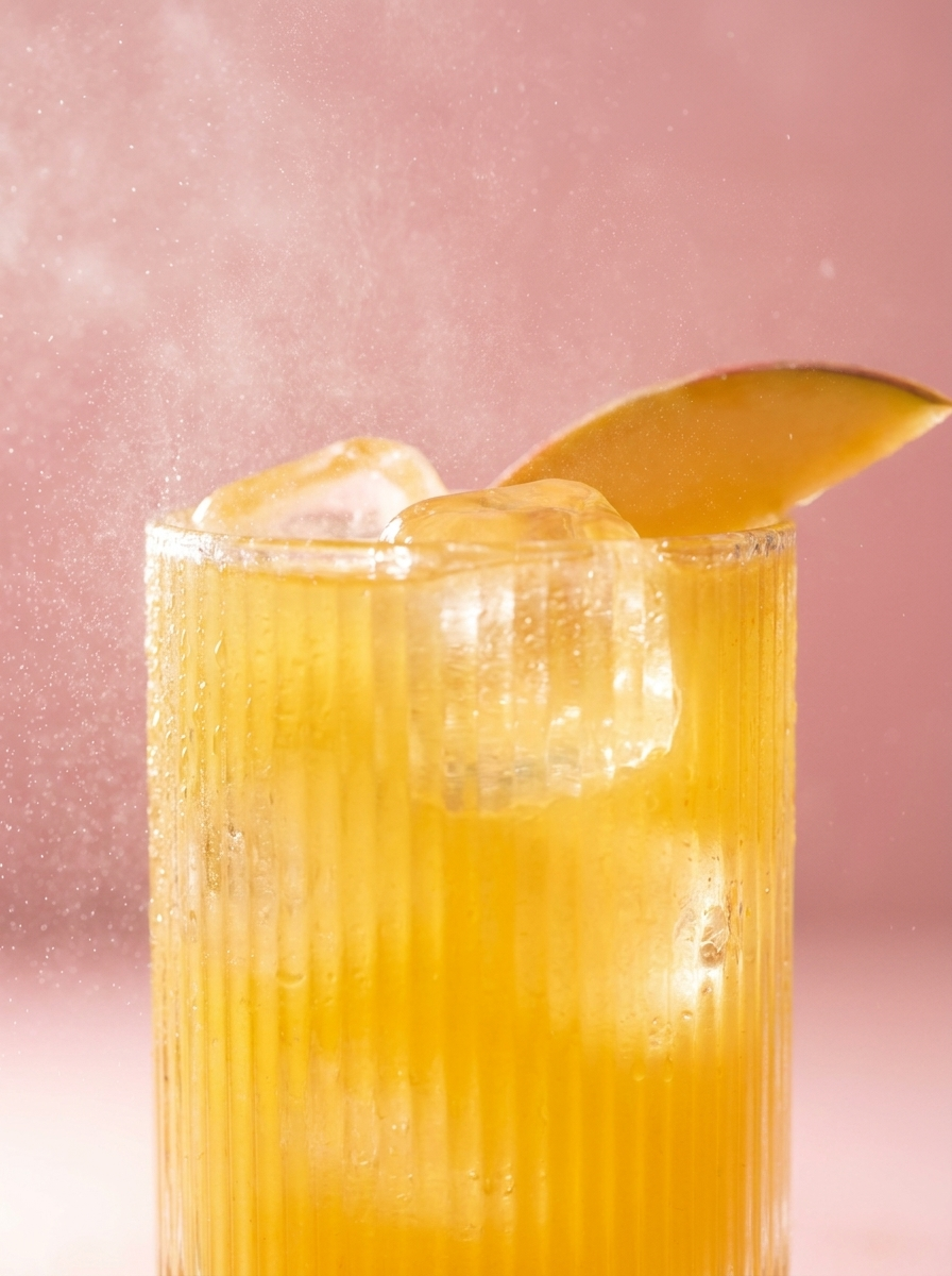 Pick Me Up Mango Turmeric beauty water poured over ice in a ribbed glass, golden ethereal editorial shot