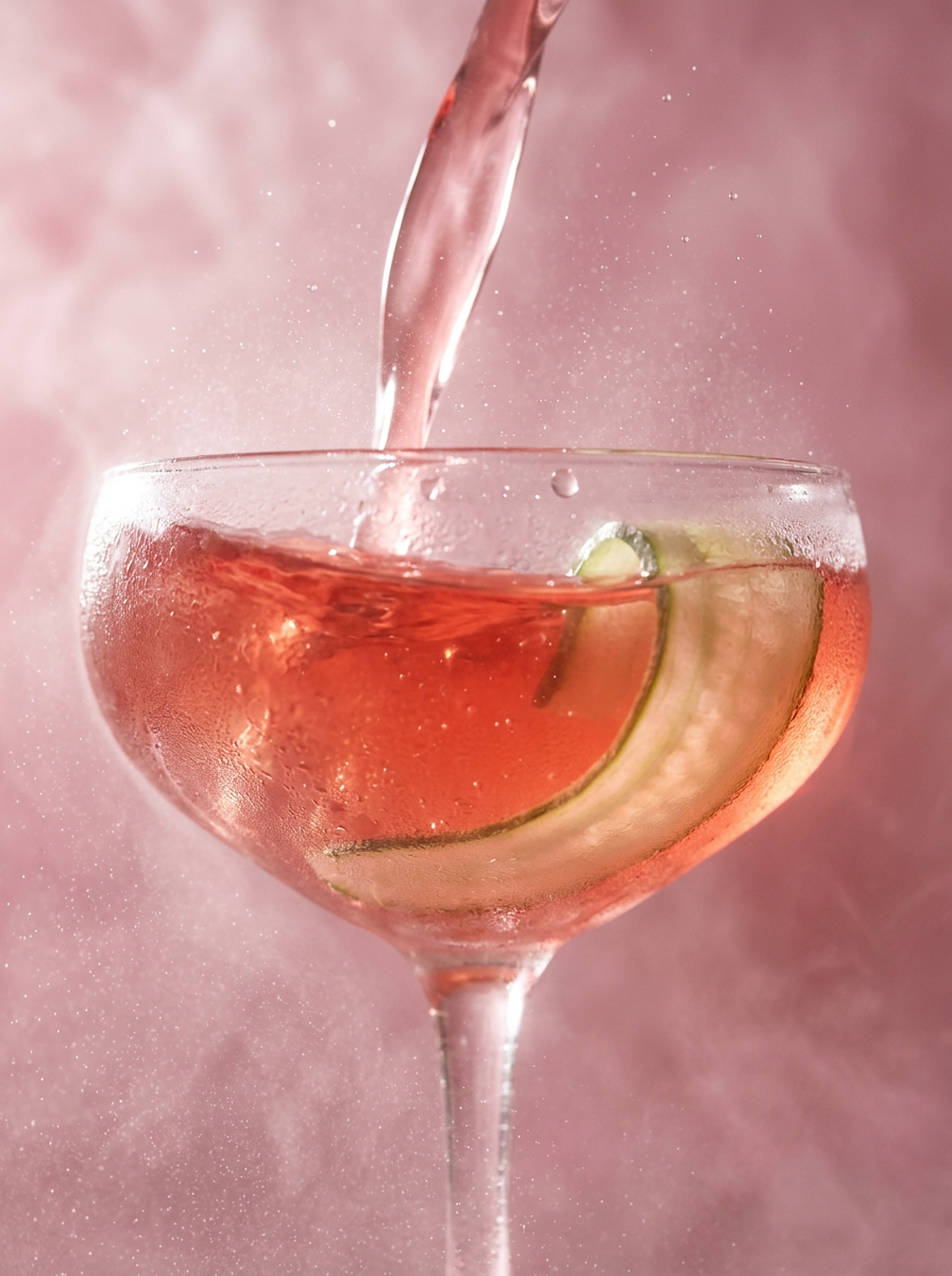Pick Me Up Watermelon Cucumber beauty water in a coupe glass with cucumber ribbon, soft pink editorial shot
