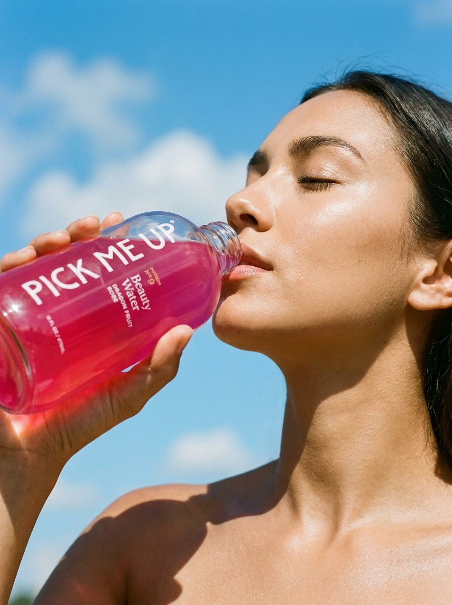 Woman drinking Pick Me Up Dragon Fruit Rose beauty water against a blue sky