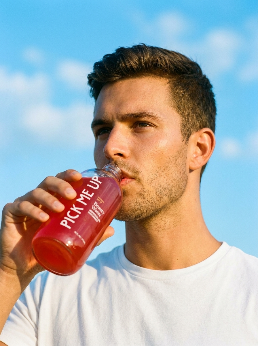 Man drinking Pick Me Up Watermelon Cucumber beauty water against a blue sky